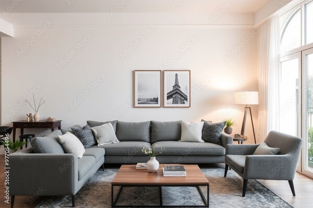 Fototapeta premium Interior of living room with grey sofa and table