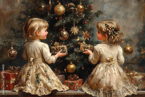 Christmas and New Year's card. Children, two girls at the Christmas tree with gifts. Holiday Christmas illustration in the style of a painted picture. Postcard. Ai generative.
