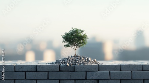 A small tree grows resiliently from a pile of stones, symbolizing hope and nature amidst an urban landscape.