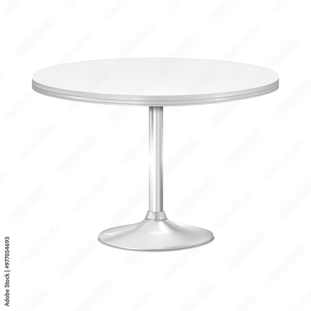 Round countertop table on one metal leg with round base. 3d mockup. White blank circular counter single pedestal desk. Realistic vector mock-up Round countertop table on one metal leg with round base. 3d mockup. White blank circular counter single pedestal desk. Realistic vector mock-up