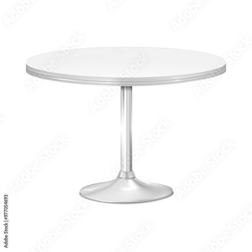 Round countertop table on one metal leg with round base. 3d mockup. White blank circular counter single pedestal desk. Realistic vector mock-up