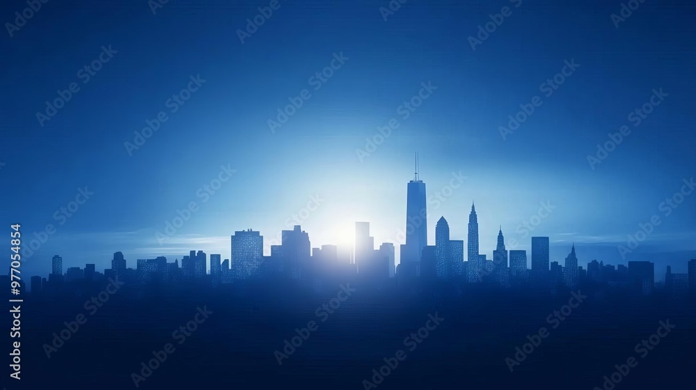 Stunning city skyline silhouette against a dramatic blue sunrise, showcasing urban architecture and the beauty of dawn. Stunning city skyline silhouette against a dramatic blue sunrise, showcasing urban architecture and the beauty of dawn.