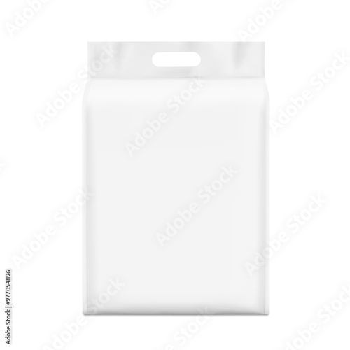 Realistic stand bag with hole handle mockup. Front view. Vector illustration isolated on white background. Ready for your design. Suite for the presentation of hygiene products, pet litter, etc. EPS10