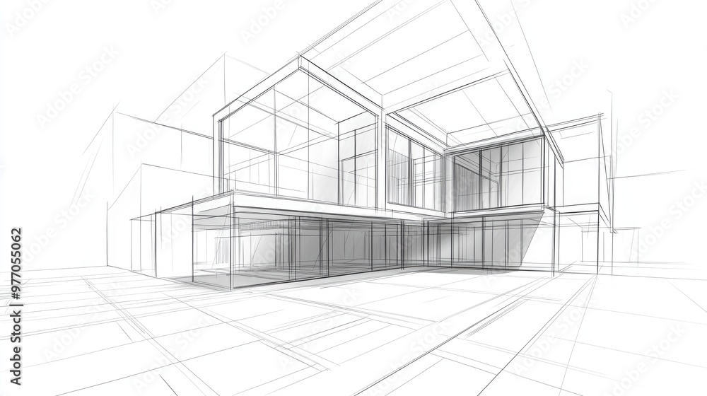 Line art illustration depicting architectural sketches of a house building in a 3D perspective Line art illustration depicting architectural sketches of a house building in a 3D perspective