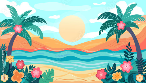 A vibrant tropical beach scene at sunset with palm trees, exotic flowers and lush plants. The serene ocean and sandy shore, picturesque, inviting atmosphere, perfect summer day. Banner, background