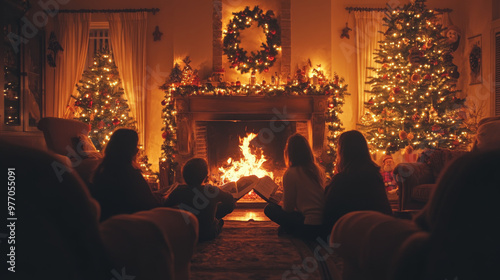 Family gathers around the fireplace on Christmas Eve.