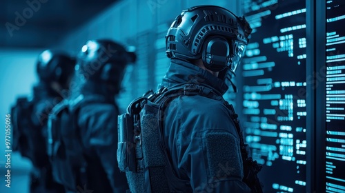 A team of tactical soldiers monitors advanced data on digital screens in a high-tech environment.