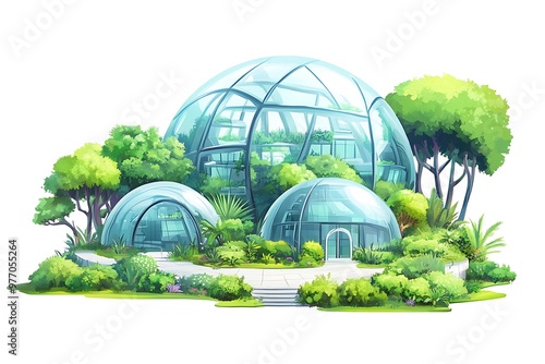 Futuristic Botanical Garden with Glass Domes and Lush Greenery.