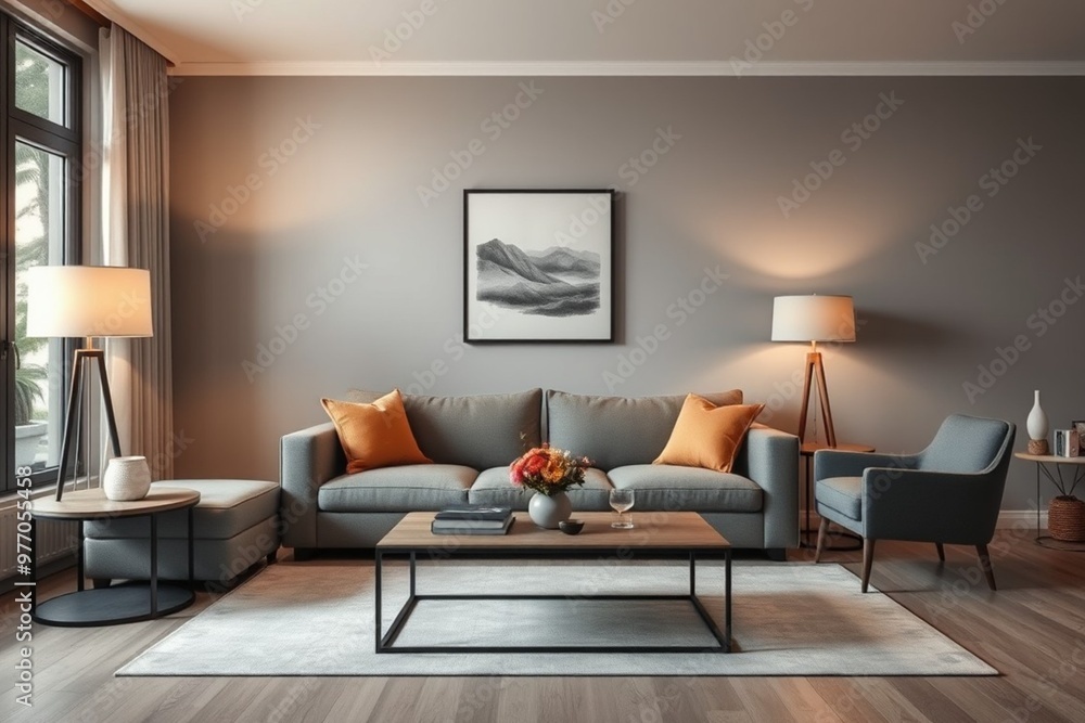 Interior of living room with grey sofa and table Interior of living room with grey sofa and table