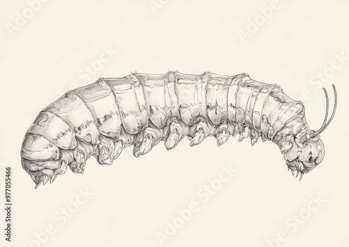 Line art illustration of Epicauta vittata species larva depicting side view in a vintage drawing style photo