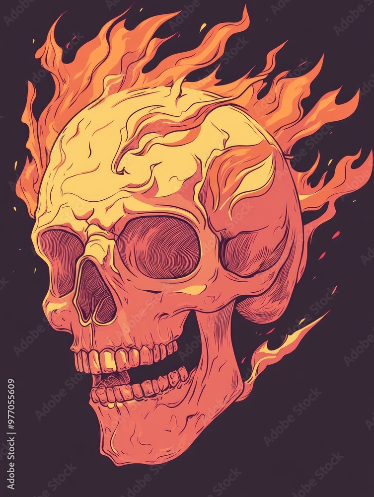 Cartoon style line art illustration of a flaming skull Cartoon style line art illustration of a flaming skull