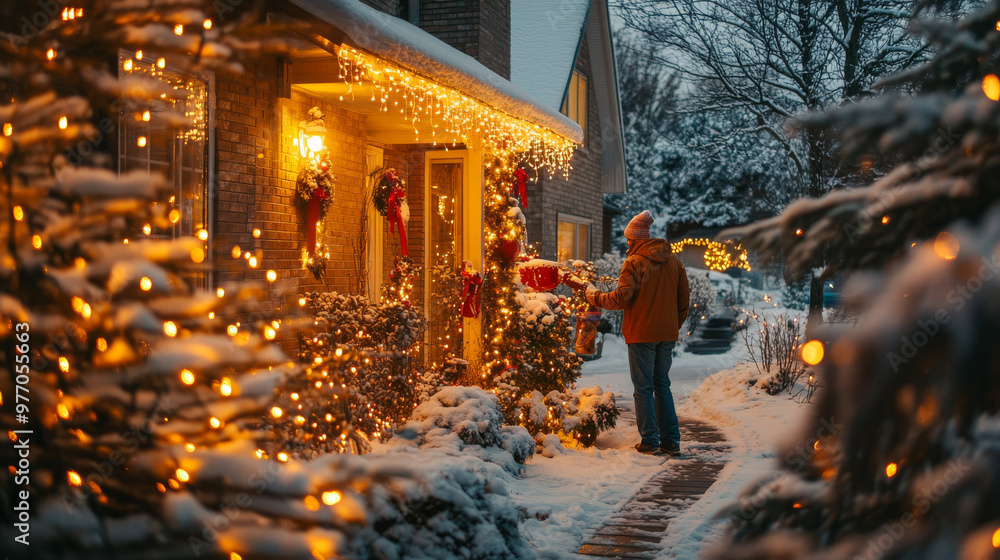 Obraz premium A man in a winter coat walks past a snow-covered home decorated with Christmas lights.