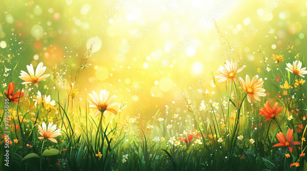 Daisies blooming in a sunny summer meadow at sunset Daisies blooming in a sunny summer meadow at sunset