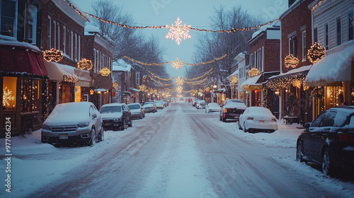 Snowy street with holiday lights and parked cars.