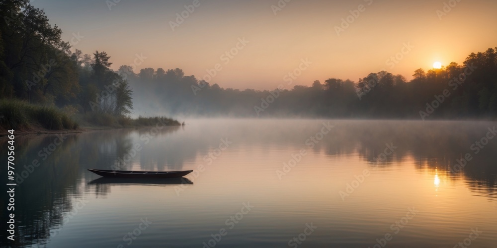 Fototapeta premium Sunrise over a serene lake with mist rising from the water.
