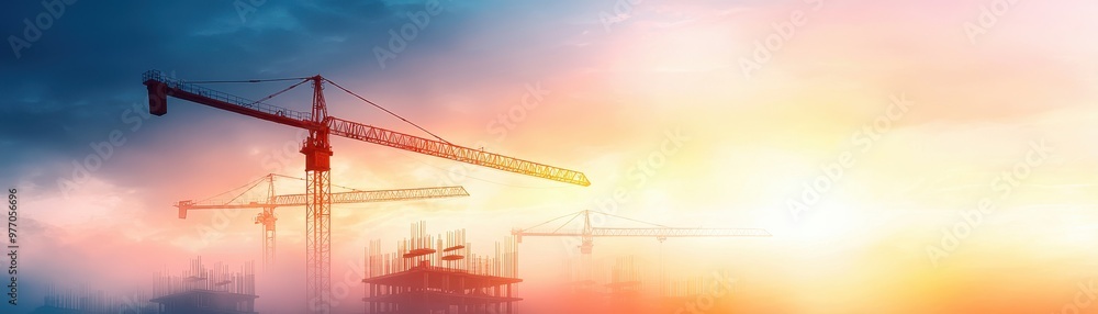 Fototapeta premium Beautiful sunset view with construction cranes silhouetted against a vibrant sky. Perfect for projects related to building.