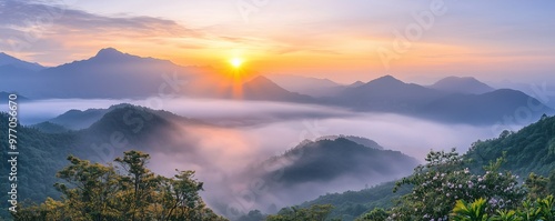 A peaceful sunrise at Lalashan, with mist-covered mountains, blooming cherry blossoms, and hikers enjoying the tranquil beauty of Taiwan’s