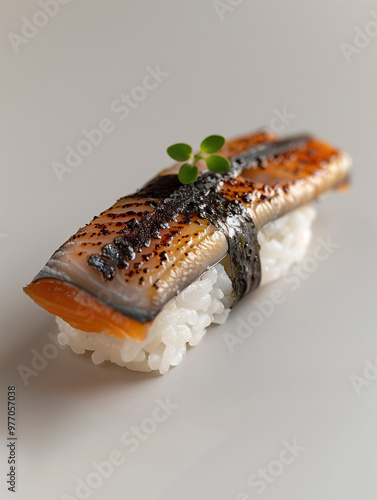 Anago Nigiri sushi with sweet soy glaze and garnished with fresh herbs photo