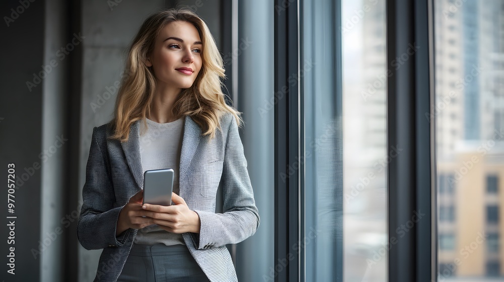 Fototapeta premium Woman in Gray Suit Holding Smartphone by Window