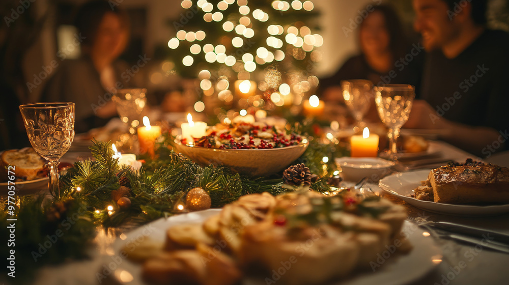 A festive dinner table with candles, greenery, and delicious food. A festive dinner table with candles, greenery, and delicious food.