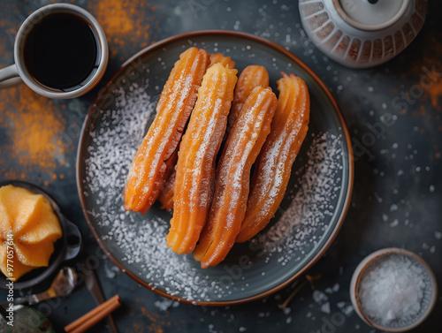 close up photo of sugary churros with cinnamon sugar, traditional Spanish dessert