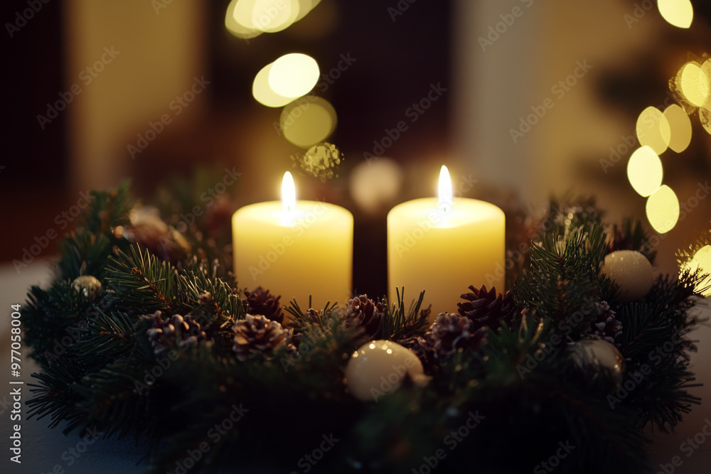 Two candles glow in a festive evergreen wreath. Two candles glow in a festive evergreen wreath.