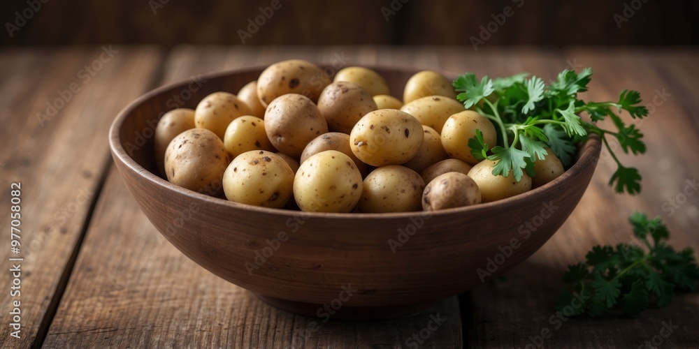 Bowl of small young potatoes with parsley sitting on rustic wooden table. Bowl of small young potatoes with parsley sitting on rustic wooden table.