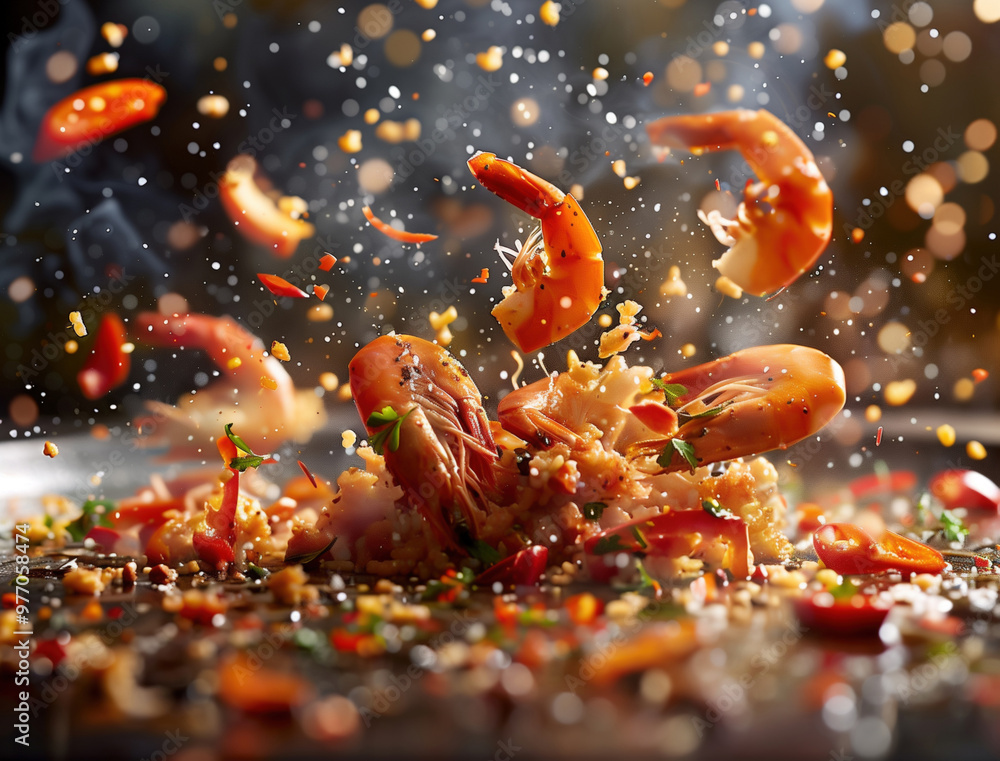 Exploding Ingredients of Spanish Paella Captured in Dynamic Seafood Photography Exploding Ingredients of Spanish Paella Captured in Dynamic Seafood Photography