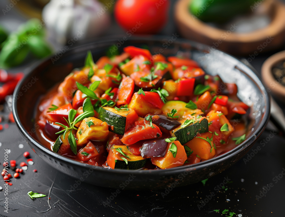 Rustic Spanish pisto with fresh vegetables, close up food photography Rustic Spanish pisto with fresh vegetables, close up food photography