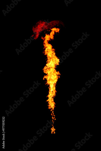 Narrow fire jet. Flame isolated on black