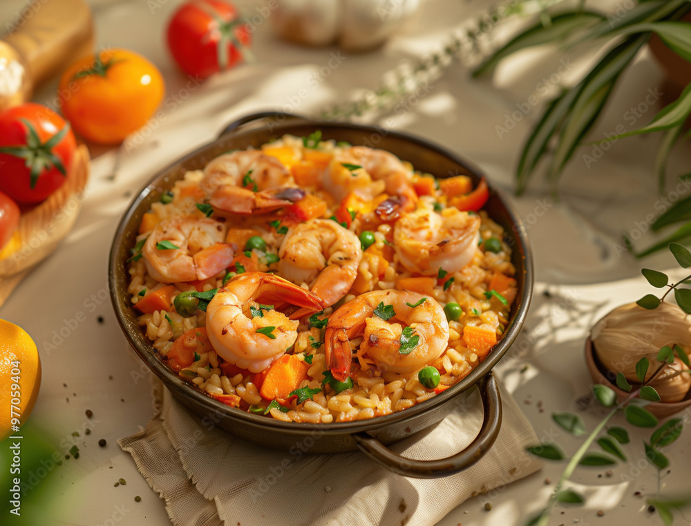 Close up of savory Spanish Paella with shrimp and vegetables Close up of savory Spanish Paella with shrimp and vegetables