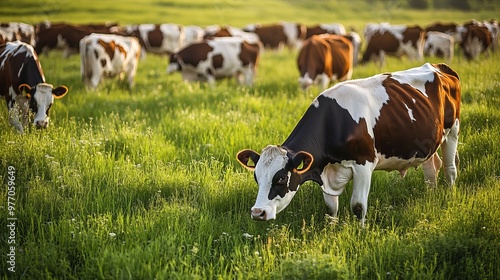 Cows roam a grassy field, grazing on lush green grass. They gather in a herd, peacefully feeding in their natural pasture.