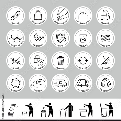 Icons set for garbage bag. The outline icons are well scalable and editable. Contrasting vector elements are good for different backgrounds. EPS10.