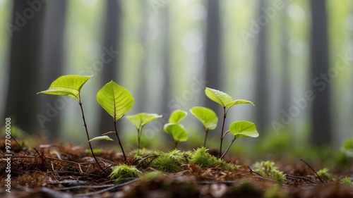 Fototapeta Naklejka Na Ścianę i Meble -  panorama of foggy beech forest with first green leaves in early spring.