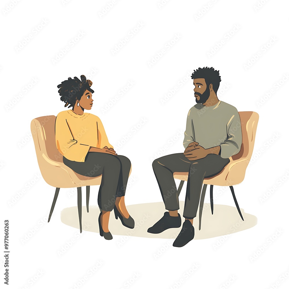 Fototapeta premium Two People Sitting In Chairs, Talking.