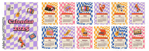 2025 calendar with Retro stickers design. Calendar planner minimal style, annual organizer. Vector illustration