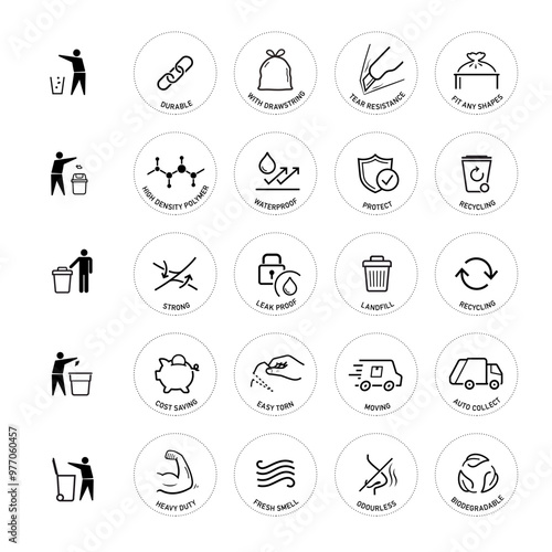 Icons set for garbage bag. The outline icons are well scalable and editable. Contrasting vector elements are good for different backgrounds. EPS10.