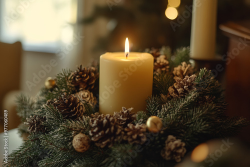 Lit candle in Christmas wreath with pinecones, cozy holiday decorations and warm indoor atmosphere