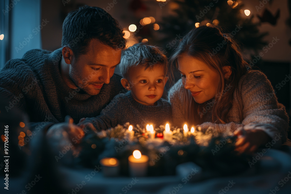 Family lighting candles on Advent wreath, cozy Christmas atmosphere with warm glow, holiday celebration indoors Family lighting candles on Advent wreath, cozy Christmas atmosphere with warm glow, holiday celebration indoors
