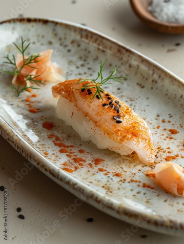 Surf clam Nigiri, Hokkigai sushi on rice, classic Japanese sushi on ceramic plate, close up photo with beige background photo