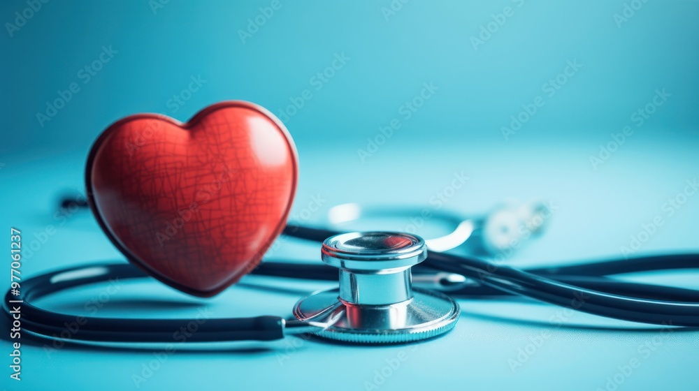 Red Heart and Stethoscope on Blue Background