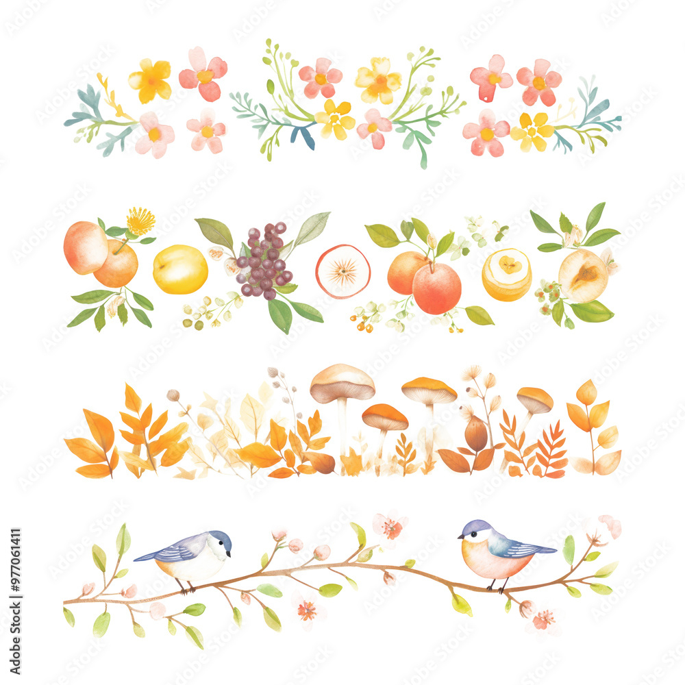 Obraz premium PNG watercolor nature divider element set, transparent background