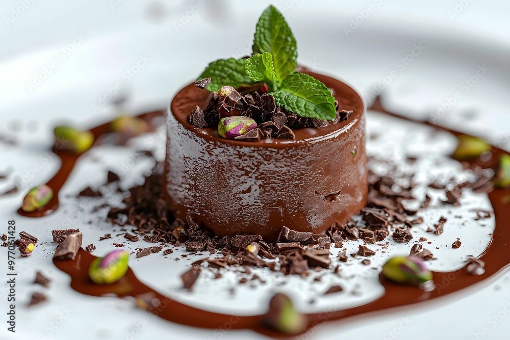 Decadent chocolate dessert with mint and pistachios on a white plate Decadent chocolate dessert with mint and pistachios on a white plate