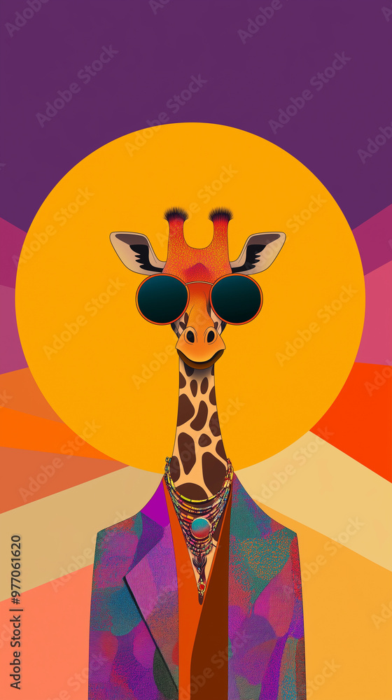 Fototapeta premium illustration features a giraffe wearing futuristic sunglasses and extravagant jewelry against a colorful, geometric background with a yellow circle
