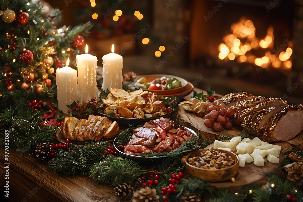 Festive holiday table setting with delicious food by the fireplace Festive holiday table setting with delicious food by the fireplace