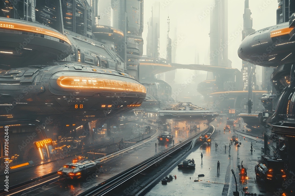 Futuristic cityscape with flying vehicles in a misty urban setting Futuristic cityscape with flying vehicles in a misty urban setting