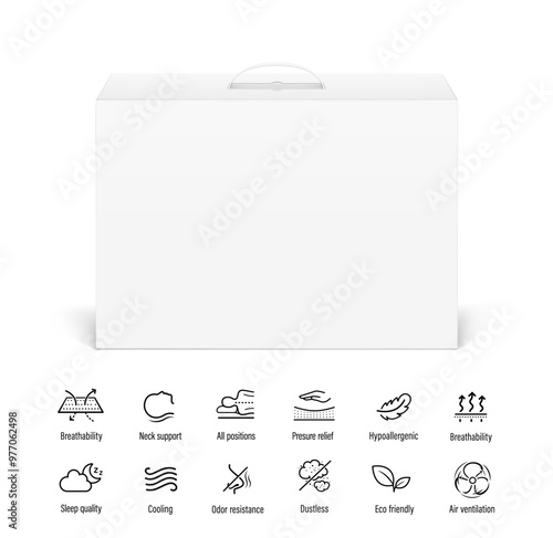 Carrying corrugated box case with plastic handle mockup for latex pillow with set icons. Front view. Vector illustration isolated on white background. Ready and simple to use for your design. EPS10.	