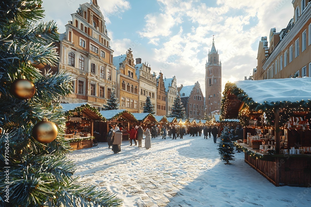 Obraz premium Festive Christmas market in a historic town square during winter