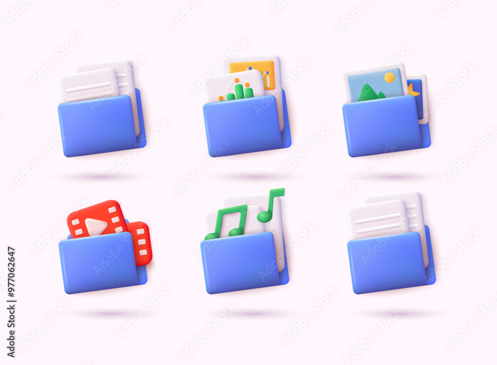 Set of 3d documents folders for management multimedia file: video, graphics, music, images. 3D Vector Illustrations. Set of 3d documents folders for management multimedia file: video, graphics, music, images. 3D Vector Illustrations.