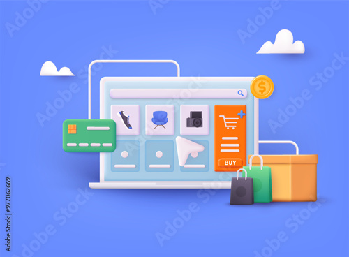 Online shopping on application and website concept, digital marketing online, shopping cart with new items on laptop screen. Mobile marketing and digital marketing. 3D Web Vector Illustration.